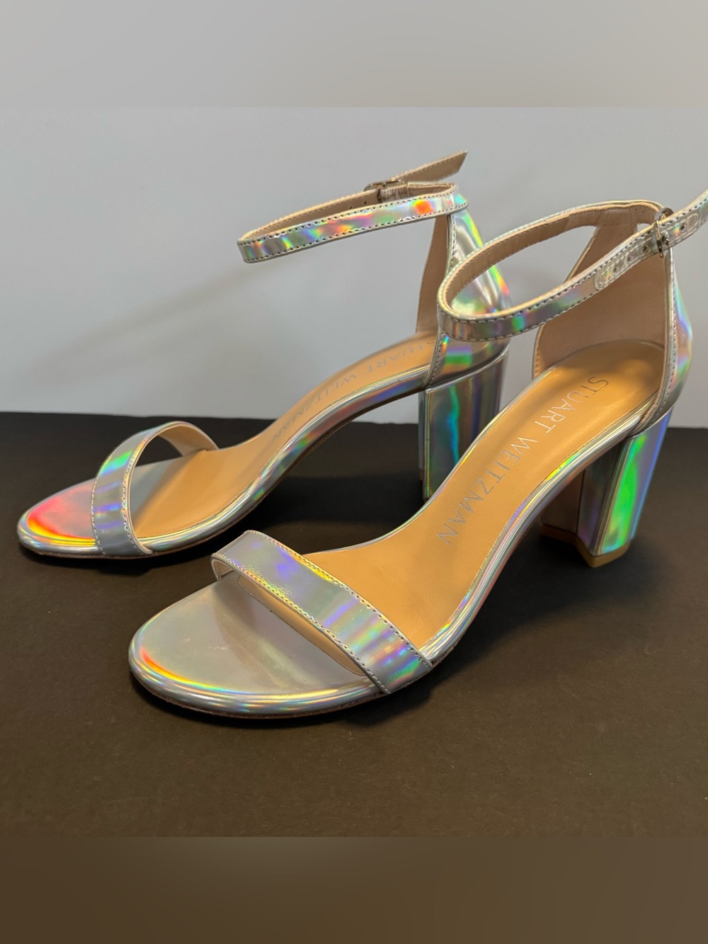 Stuart Weitzman Holographic NearlyNude Silver Ankle-Strap Block Heels (3”)